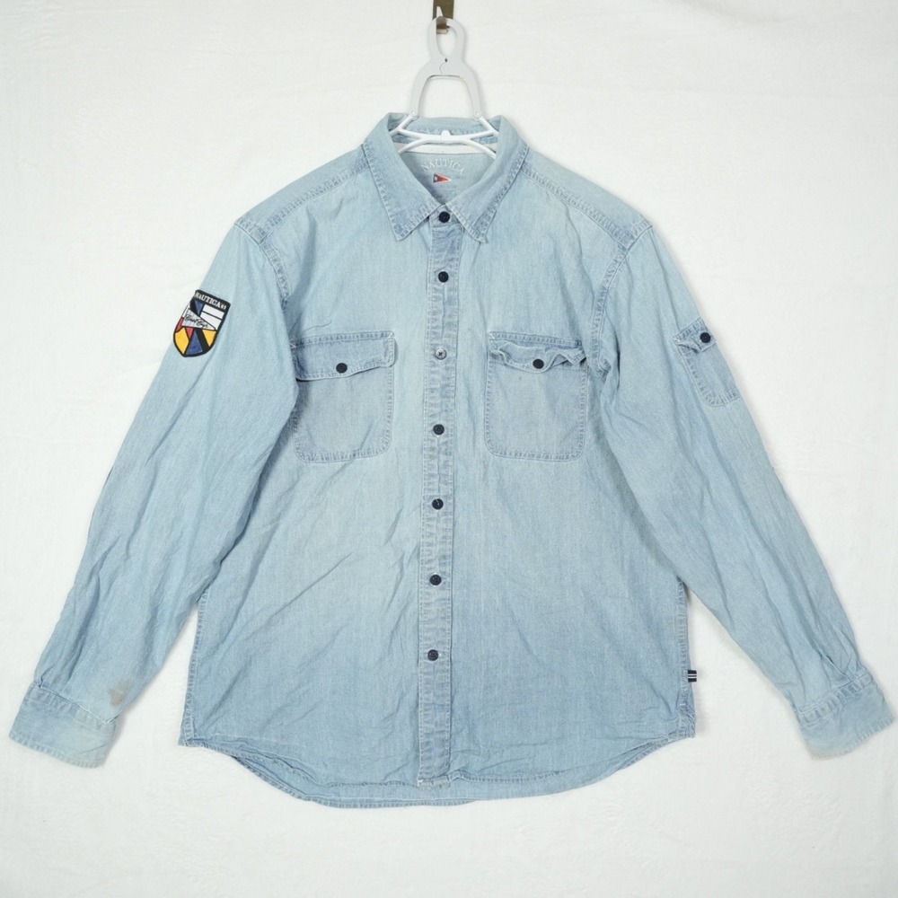 Nautica Mens Light Wash Denim Button Down Shirt Coast Cup Patch Blue Large